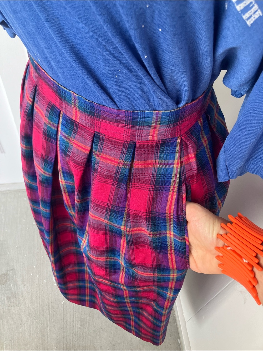 Vintage 70s 80s Pendleton Magenta Red and Royal Blue Madras Plaid Midi Skirt - Picture 3 of 8